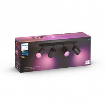 4 focos Inteligentes LED negros, GU10, 5.7 W, Philips Hue Bluetooth Fugato, luz blanca y de colores