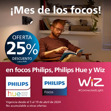 25% descuento en focos Philips superficie, focos Hue y focos Wiz/Smart led